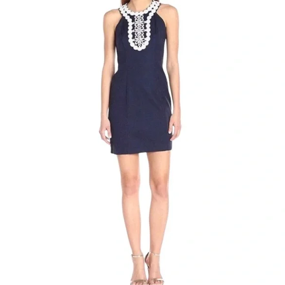 just taylor blue dress Just Taylor Navy Blue dress with white appliqué neckline